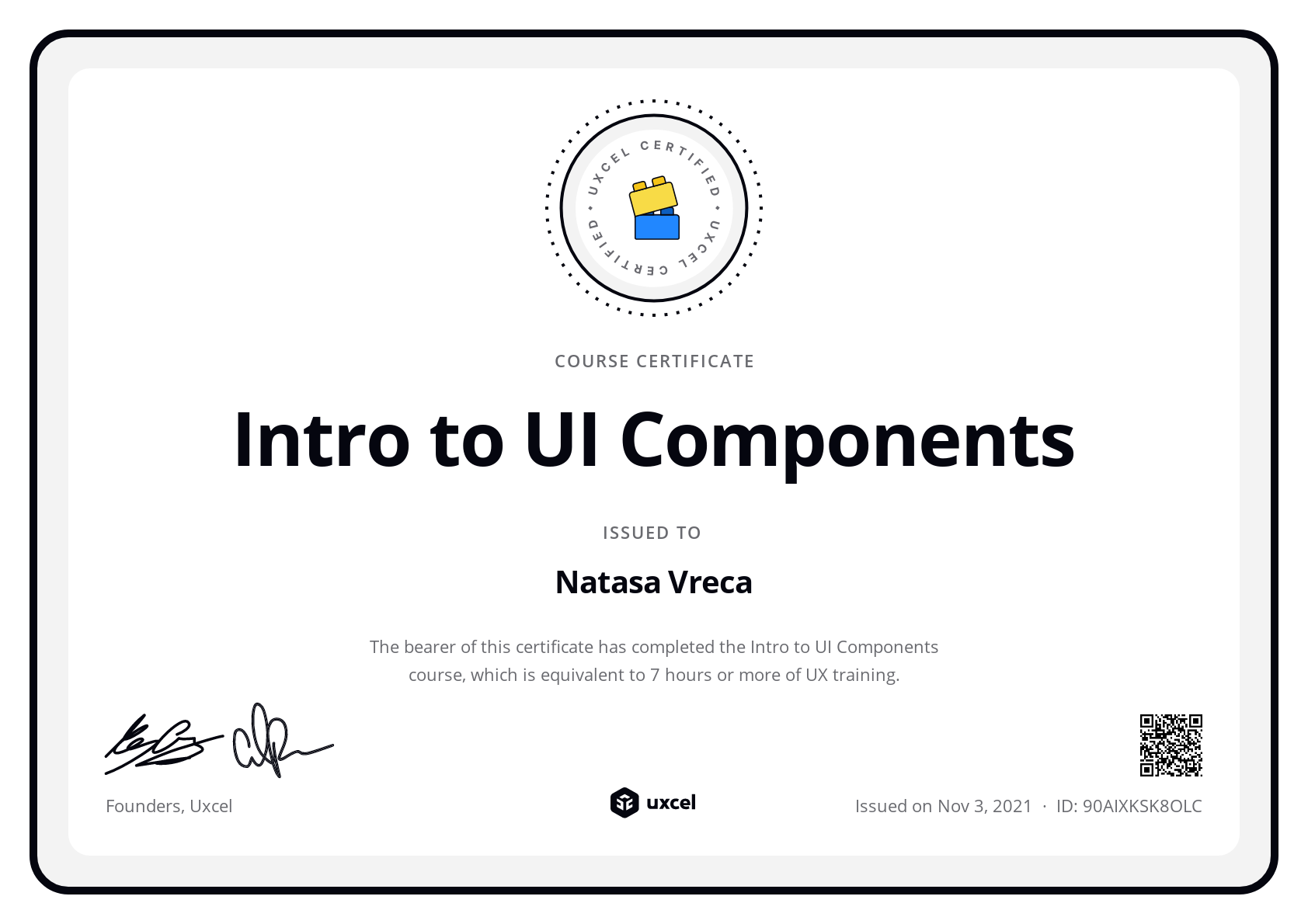 Natasa Vreca's certificate